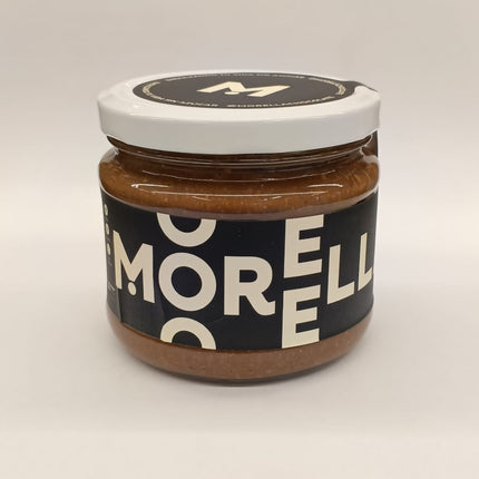 Morella Black: Crema 70% avellanas y chocolate oscuro, sin ningun tipo de azucar anadida, endulzada con erythritol y stevia. Vegano, keto, sin gluten,