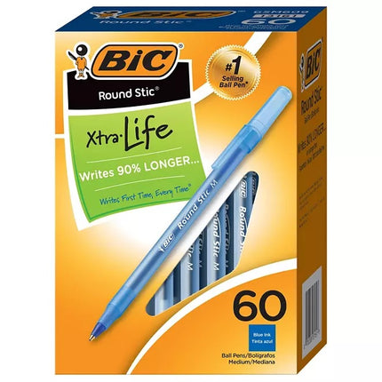 Bic round stic xtra kife writes 90% longer 60 blue ink ball pens