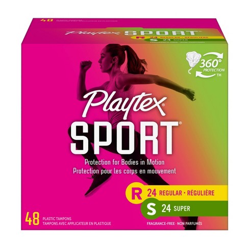 Playtex Sport Multi-Pack Regular And Super Plastic Applicator Unscented Tampons, 48 Ct Total, 360 Degree Sport Level Period Protection, Traps Leaks, N