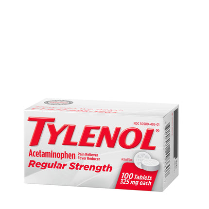 Tylenol regular strength tablets, acetaminophen pain reliever fever reducer, 100 ct.