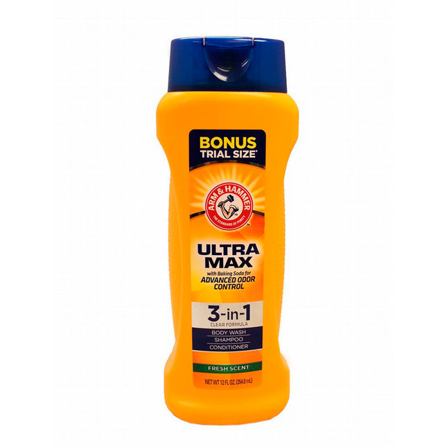 Arm & Hammer. Shampoo Acondicionador Y Jabón De Cuerpo Utra Max 3 En 1 Con Bicarbonato De Sodio Para Un Control De Olor. Contenido Neto 354Ml.