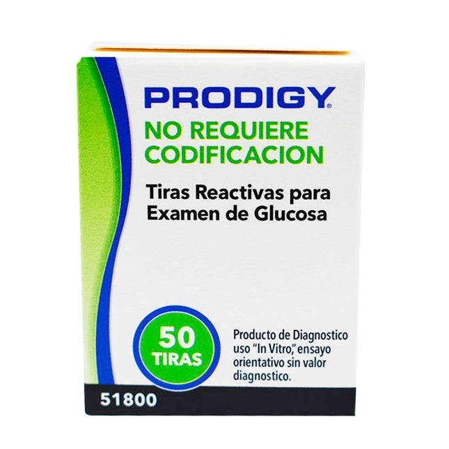 PRODIGY  No Require Codificacion Tiras Reactivas para Examen de Glucosa (50 tiras)