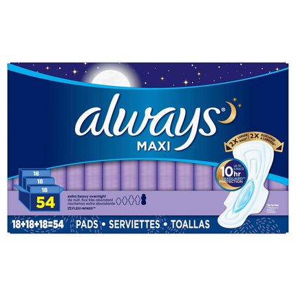 Always Maxi Extra Heavy Overnight Pads, Unscented - Size 5 (54 ct.)