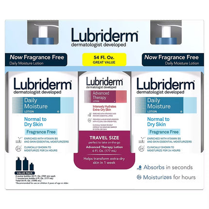 Lubriderm Daily Moisture Lotion (2-24 fl oz) & Advanced Therapy Lotion (6 fl oz)