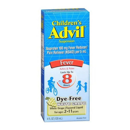 Children s Advil suspension ibuprofen oral fever aches and pains dye free flavor white grape for ages 2-11 years 4 fl Oz
