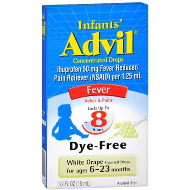 Infants Advil ibuprofen oral suspension fever aches and pains flavor white grape for ages 6-23 months 15 ml