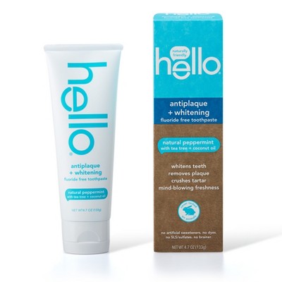 Hello Antiplaque + Whitening Toothpaste, Natural Peppermint, Tea Tree + Coconut Oil, 4.7oz