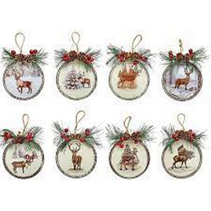 Holiday Time 8ct metal 2-sided disc with reindeer decal christmas tree hanging ornament, 8 Count, measures 3.54" Diameter x 3/4 inch width