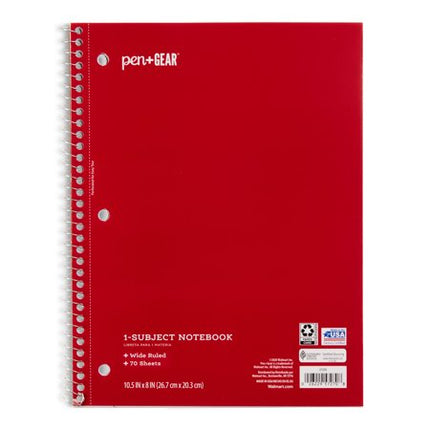 Pen + Gear 1-Subject Notebook, Wide Ruled, Red, 70 Sheets