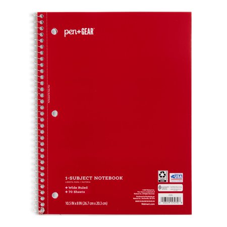 Pen + Gear 1-Subject Notebook, Wide Ruled, Red, 70 Sheets
