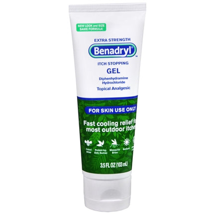 Benadryl extra strength itch stopping gel for skin use only.