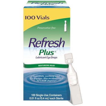 Refresh plus lubricant eye drops moisturizing relief 100 singles 0.01 fl oz